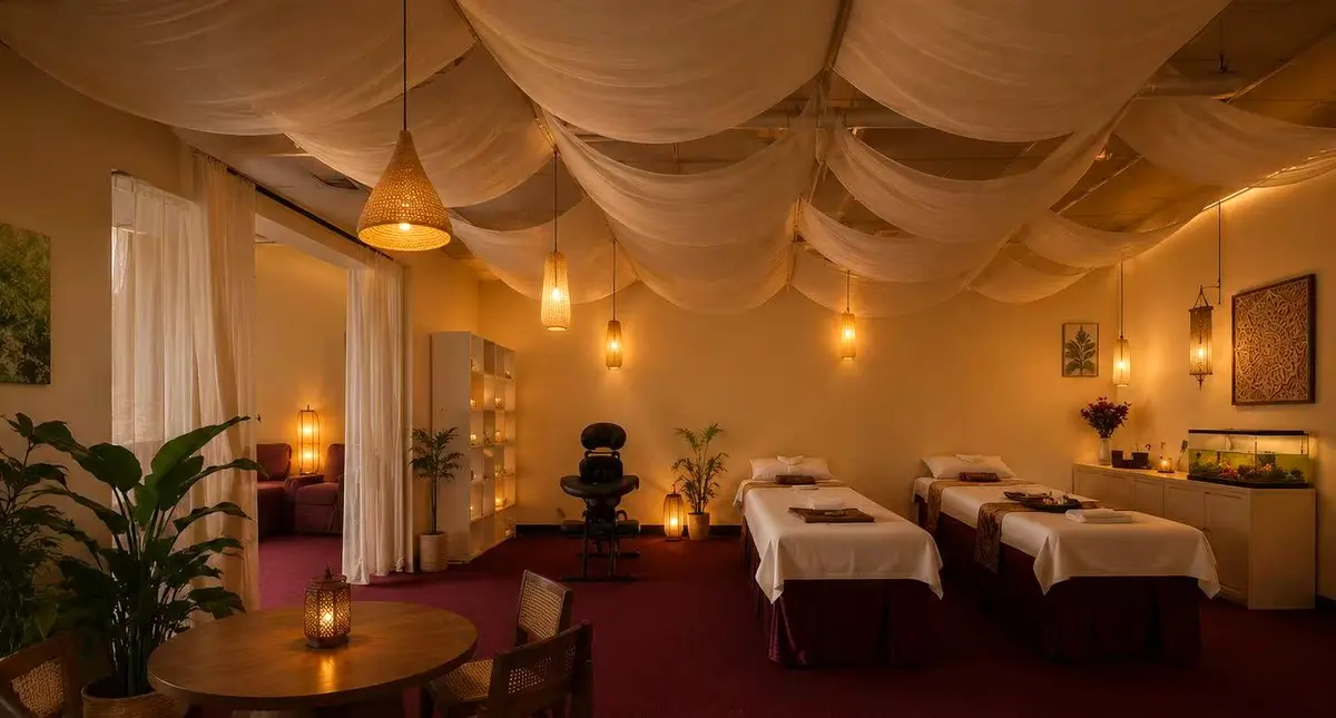 Candle-lit massage tables under draped ceilings at Ten Toes Reflexology on Clinton Parkway in Lawrence, KS